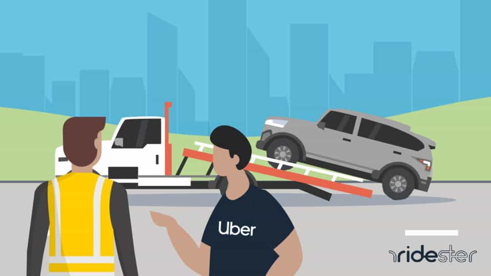 vector graphic showing an Uber roadside assistance vehicle towing another on the back of a trailer