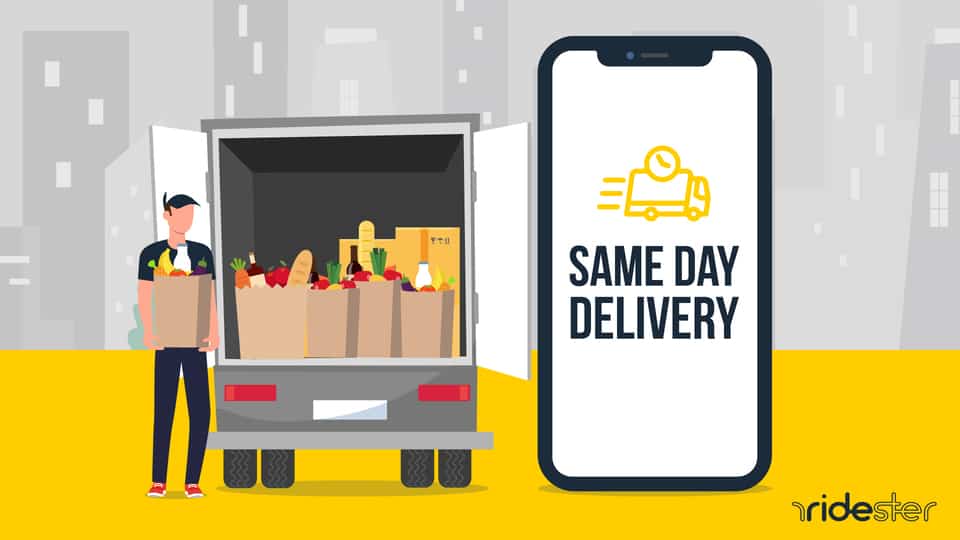 vector graphic showing a walmart same day delivery truck delivering a grocery order to a customer's home