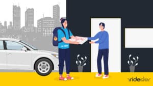vector graphic showing a Favor delivery driver dropping off an order with a customer to explain what is favor delivery