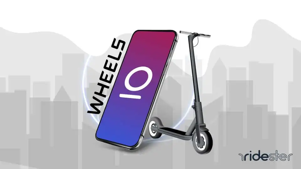 vector graphic showing the wheels app on a phone screen with a wheels scooter in the background behind it