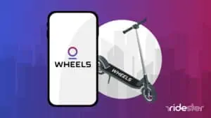 vector graphic showing the wheels app on a phone screen with a wheels scooter in the background behind it