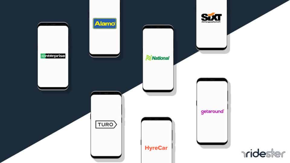 vector graphic showing which car rental company is best by showing their car rental company logos arranged on random phone screens