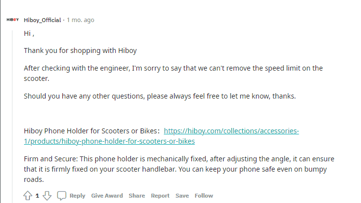screenshot of a Reddit post about how to remove speed lmiter on Hiboy S2 Pro
