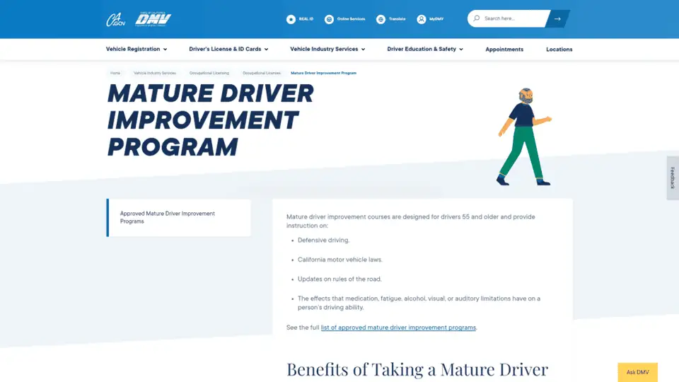 screenshot of the mature driver safety course homepage