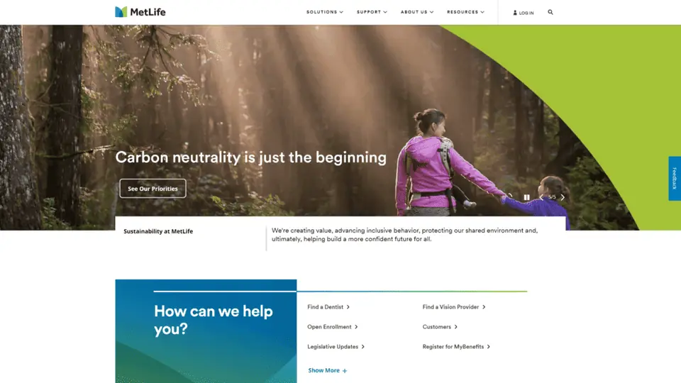 screenshot of the Met Life homepage