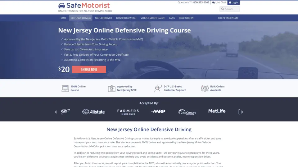 screenshot of the New Jersey Online Defensive Driving Course homepage