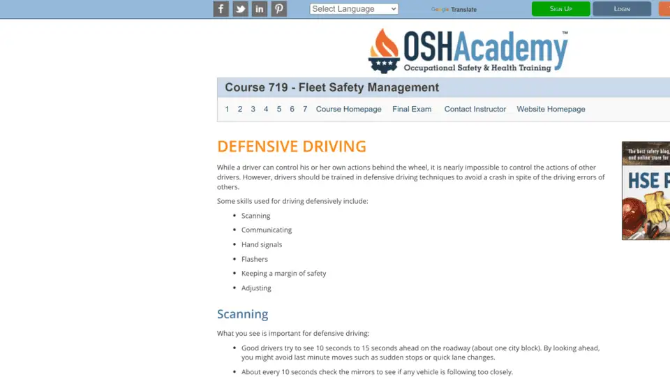 screenshot of the OSHAcademy homepage