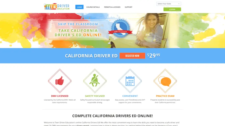 screenshot of the teen driver education homepage
