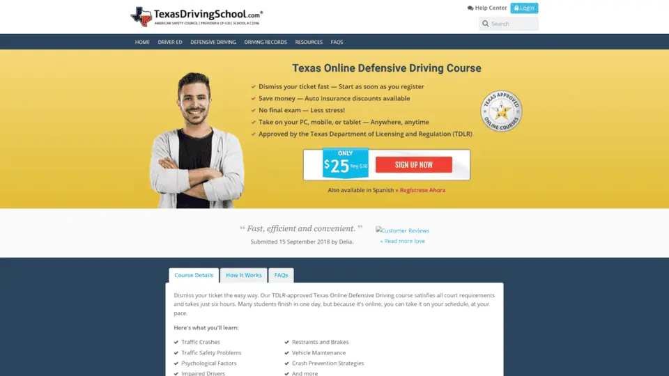 screenshot of the Texas Defensive Driving Course homepage