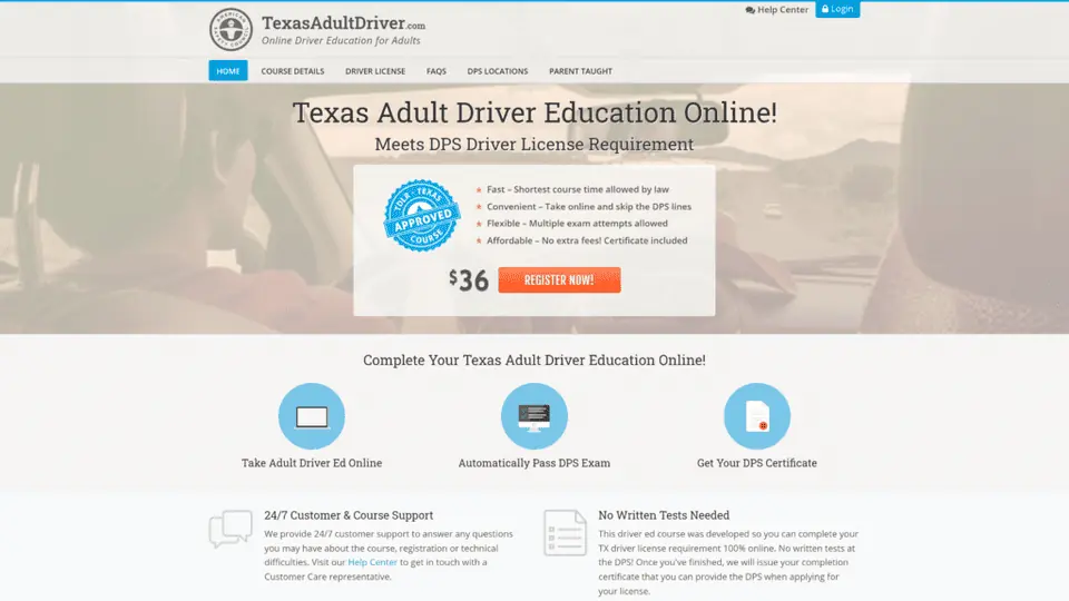 screenshot of the TexasAdultDriver.com homepage