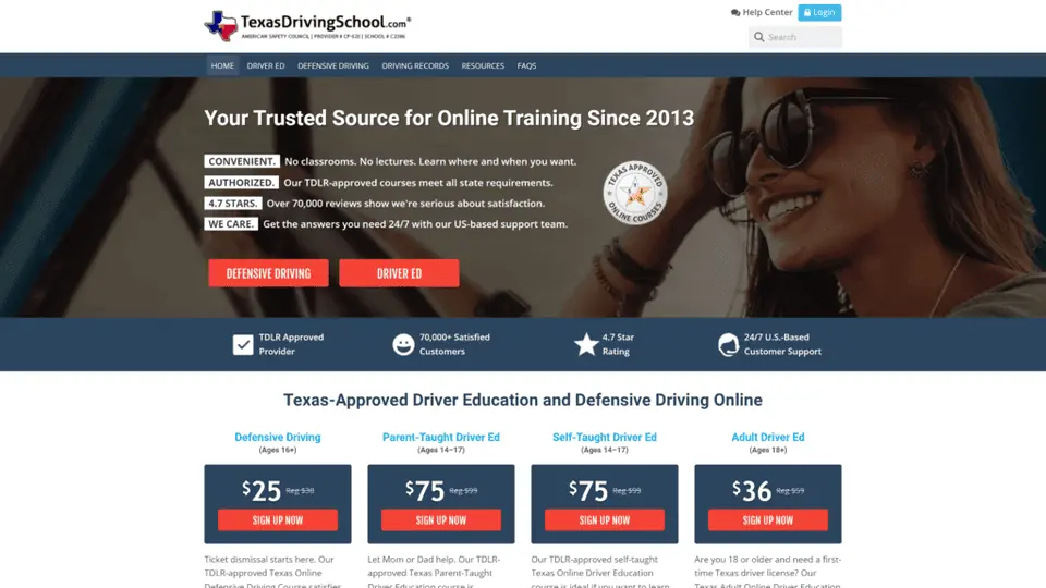 screenshot of the TexasDrivingSchool.com homepage