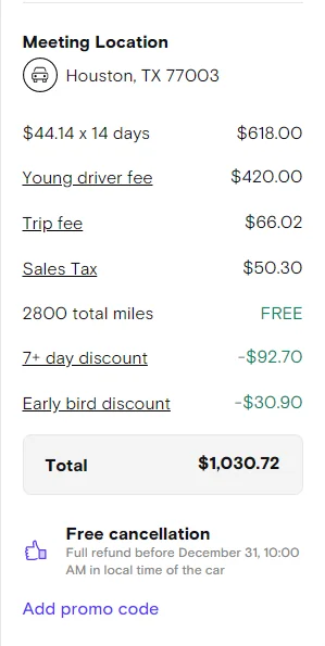 a screenshot of a Turo Young Driver fee from a Reddit user