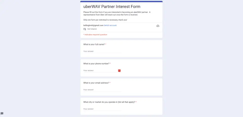 a screenshot of the Uber WAV partner interest form
