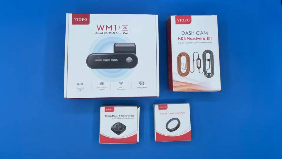 header graphic showing a boxed viofo wm1 dash cam in the box - header for viofo wm1 review