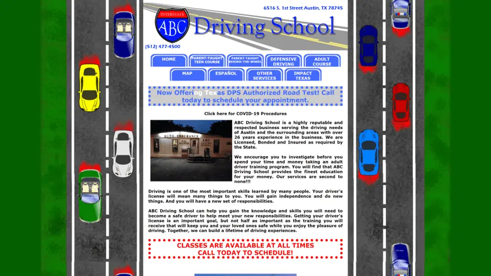 A screenshot of the ABC driving school homepage