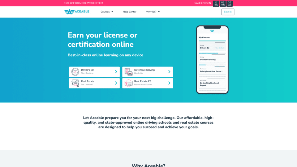 A screenshot of the aceable homepage
