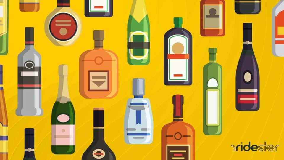 vector graphic showing a header image for alcohol delivery - random types of alcohol arranged in an image next to one another