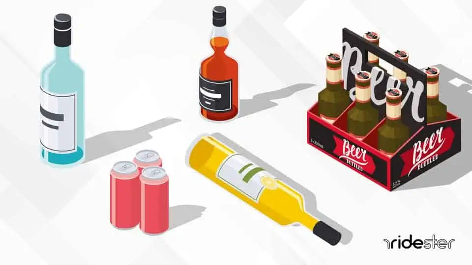 vector graphic showing a header image for alcohol delivery - random types of alcohol arranged in an image next to one another