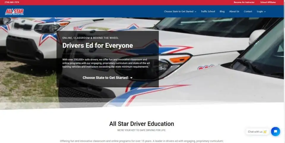 screenshot of the all star driver education homepage