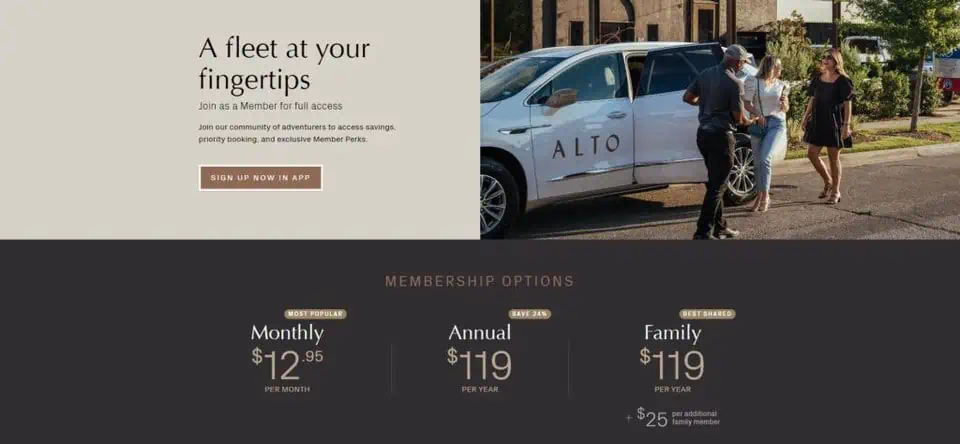 a screenshot of the alto membership options available to riders