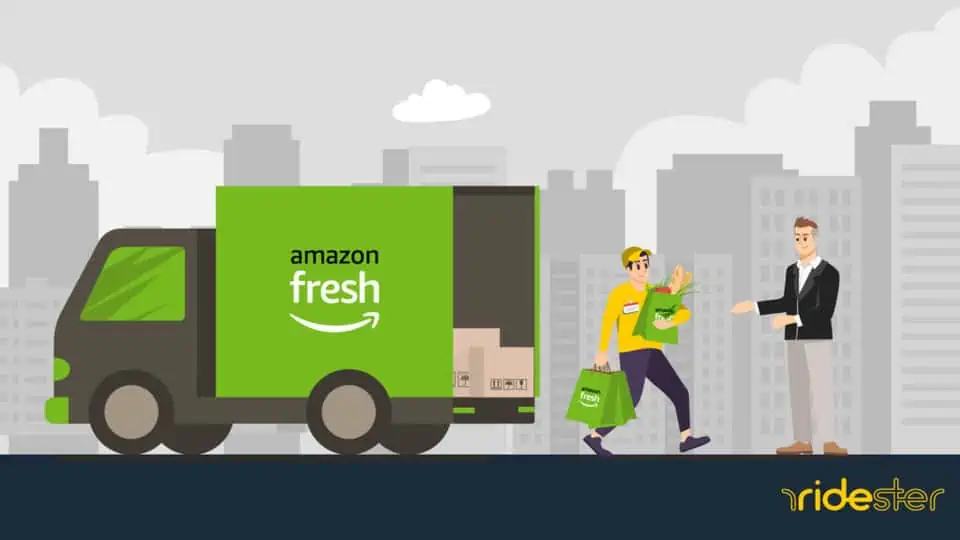 vector graphic showing an amazon fresh driver in the middle of a delivery with a customer