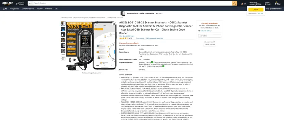 A screenshot of the ancel BD310 diagnostic scanner homepage
