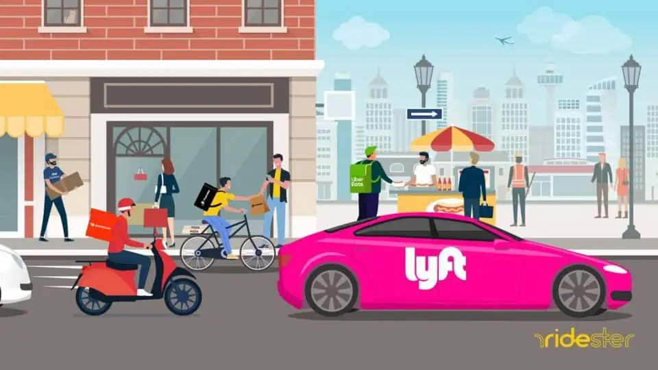 vector graphic showing a handful of jobs like uber and people completing those apps within a city