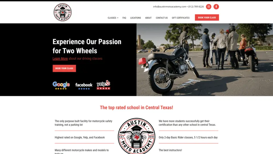 A screenshot of the austin moto academy homepage
