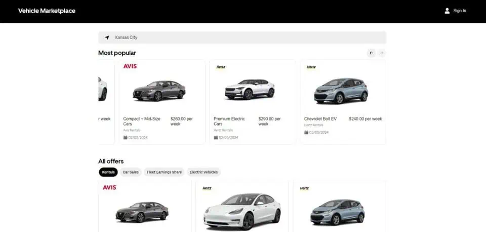 a screenshot showing the vehicles offered within the Vehicle Marketplace as a result of the Avis Uber partnership 