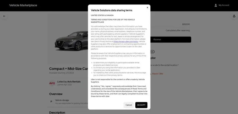 a screenshot of the Avis Uber rental screen