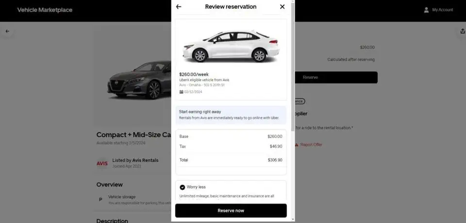 a screenshot of the Avis Uber rental screen