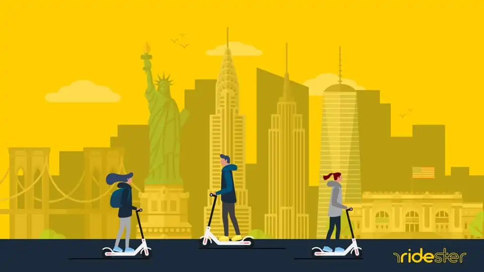 vector graphic showing bird scooters in NYC - riders riding their scooters against the NY skyline