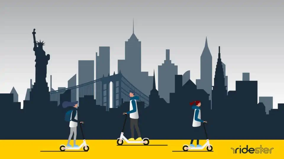 vector graphic showing bird scooters in NYC - riders riding their scooters against the NY skyline