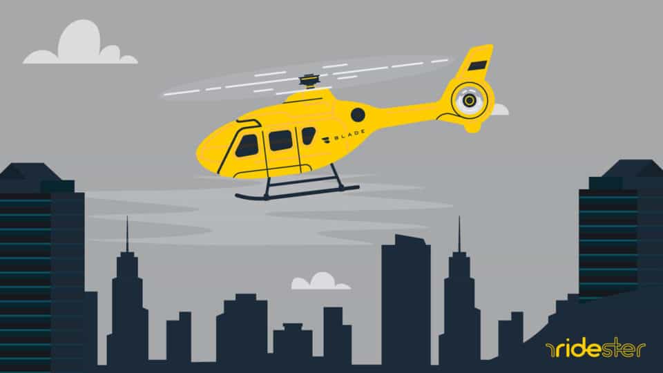 vector graphic showing a blade helicopter flying through the sky in a busy city
