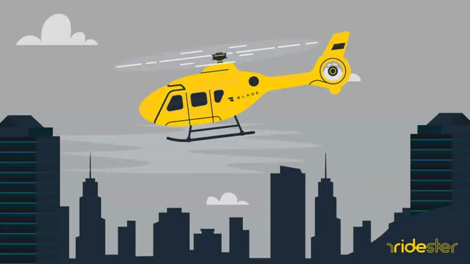 vector graphic showing a blade helicopter flying through the sky in a busy city
