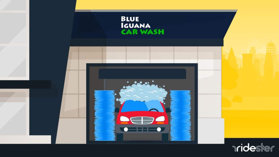 vector graphic showing a car going through the blue iguana car wash tunnel