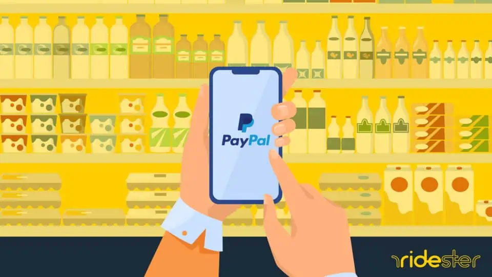 vector graphic showing a hand holding a phone to illustrate that you can buy groceries with paypal