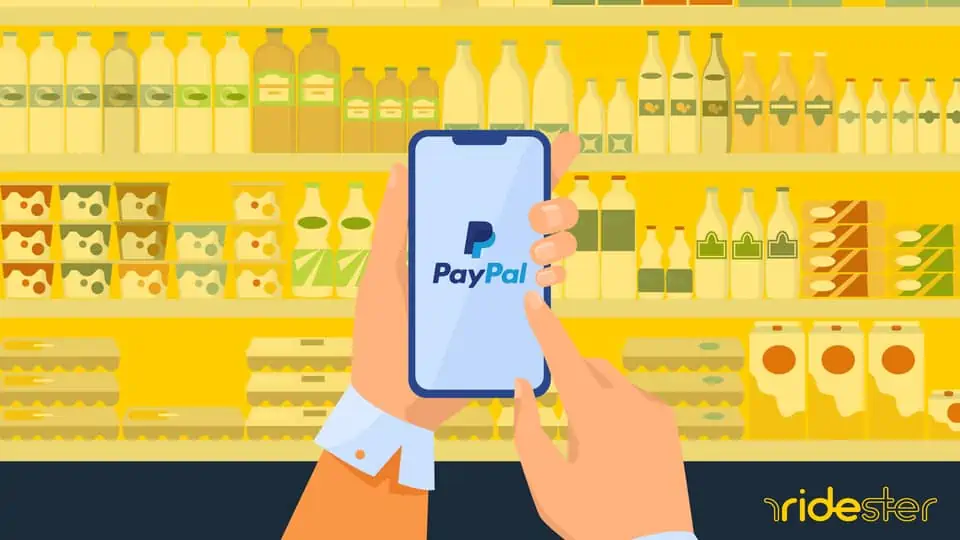 vector graphic showing a hand holding a phone to illustrate that you can buy groceries with paypal