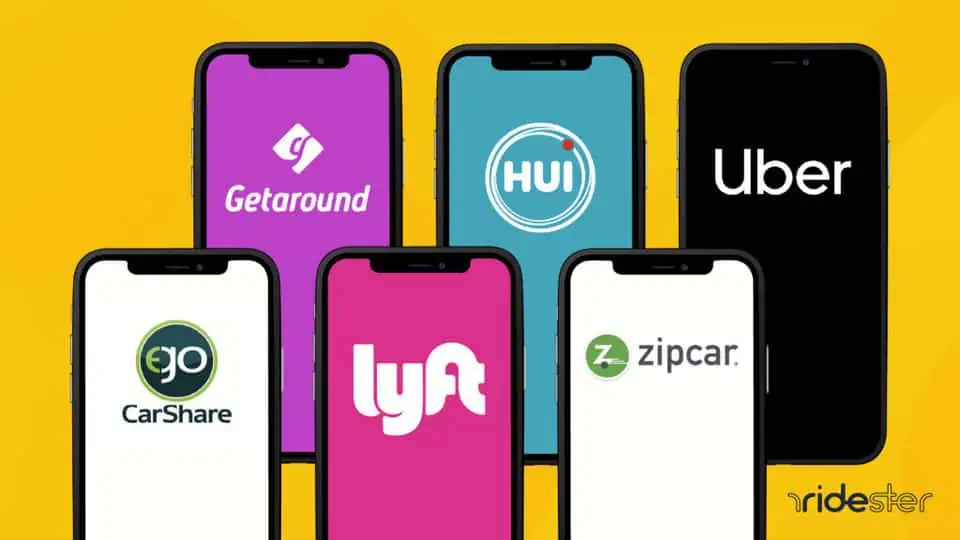 vector graphic showing a handful of car sharing apps logos on the screens of smartphones arranged one next to the other