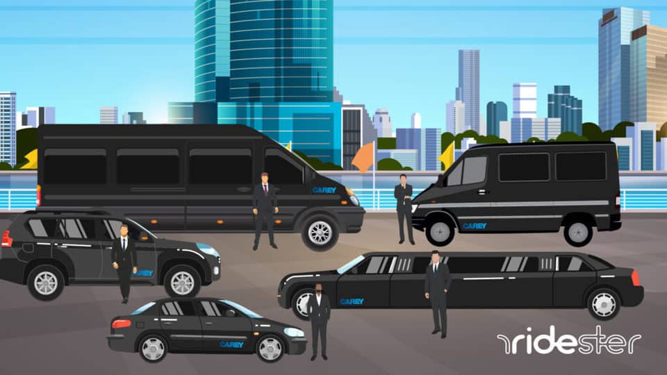 vector graphic showing a hand of carey vehicles picking up passengers