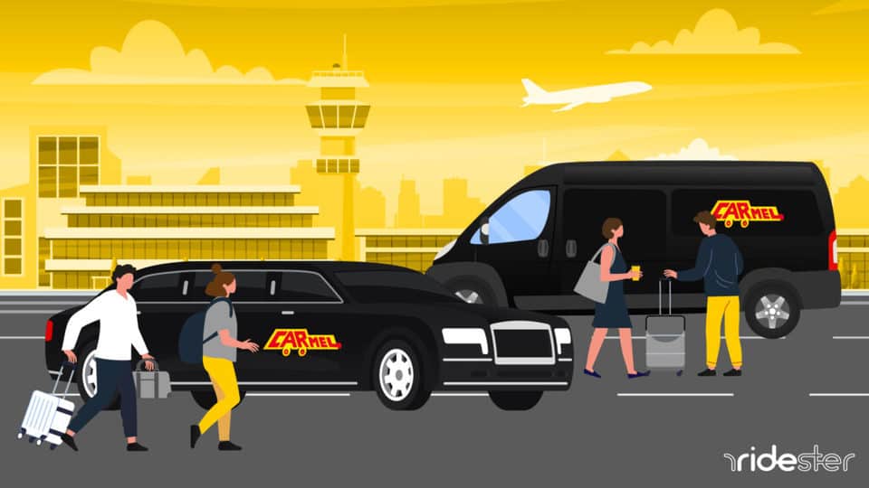 vector graphic showing two Carmel Cab vehicles at an airport picking passengers up