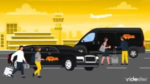 vector graphic showing two Carmel Cab vehicles at an airport picking passengers up