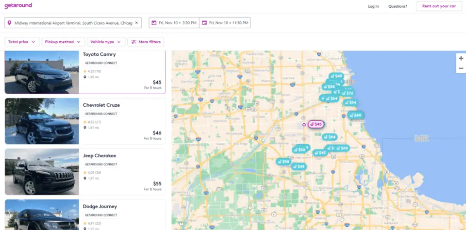 A search of vehicles for the Chicago Midway airport on Getaround