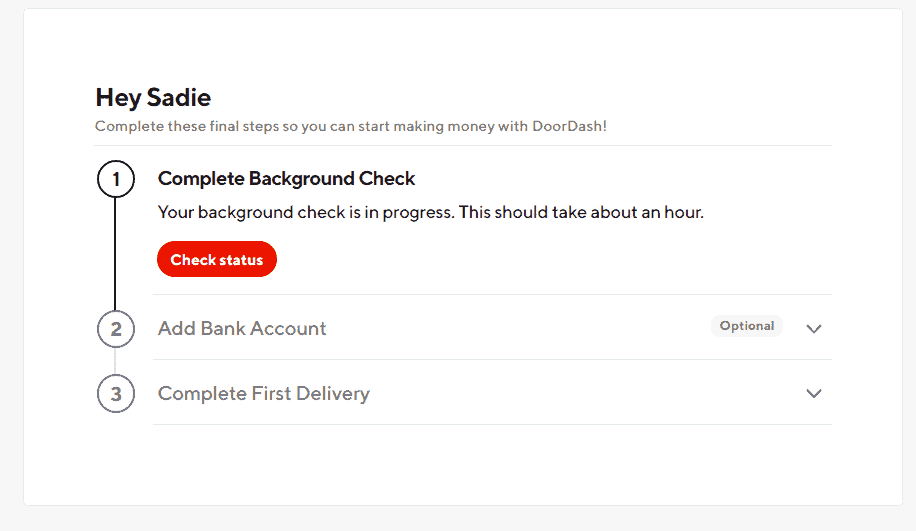 screenshot showing how to connect a bank account to doordash