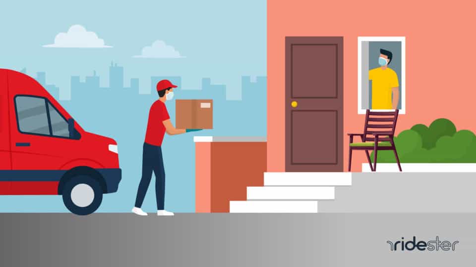 vector graphic showing a food delivery driver doing a contactless delivery dropoff to a customer