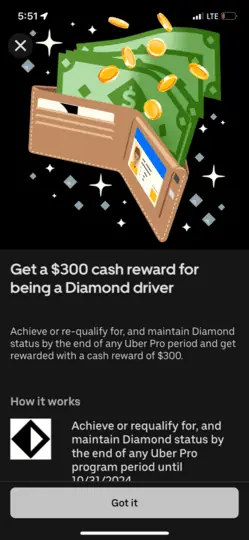 a screenshot of current uber promotions for drivers within the Uber driver account