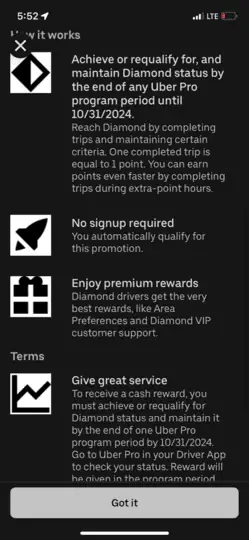 a screenshot of current uber promotions for drivers within the Uber driver account