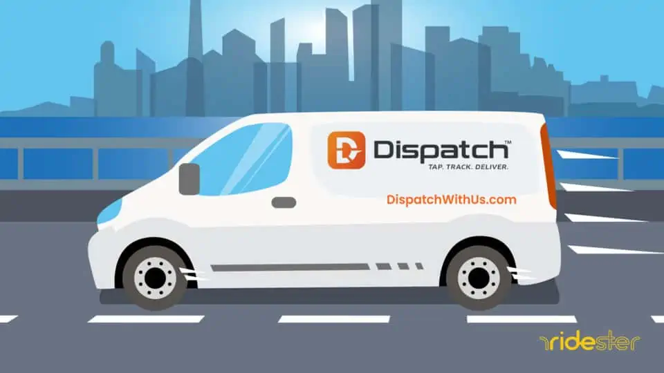 vector graphic showing a work truck with dispatchit branding on the side driving down a street