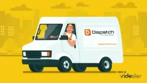 vector graphic showing a work truck with a dispatchit driver and branding on the side and a driver handing out the window