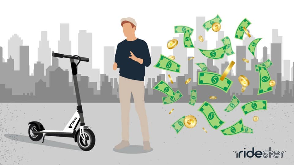 vector graphic showing an illustration of divvy bike cost - a scooter rider standing next to a divvy bike and money floating around
